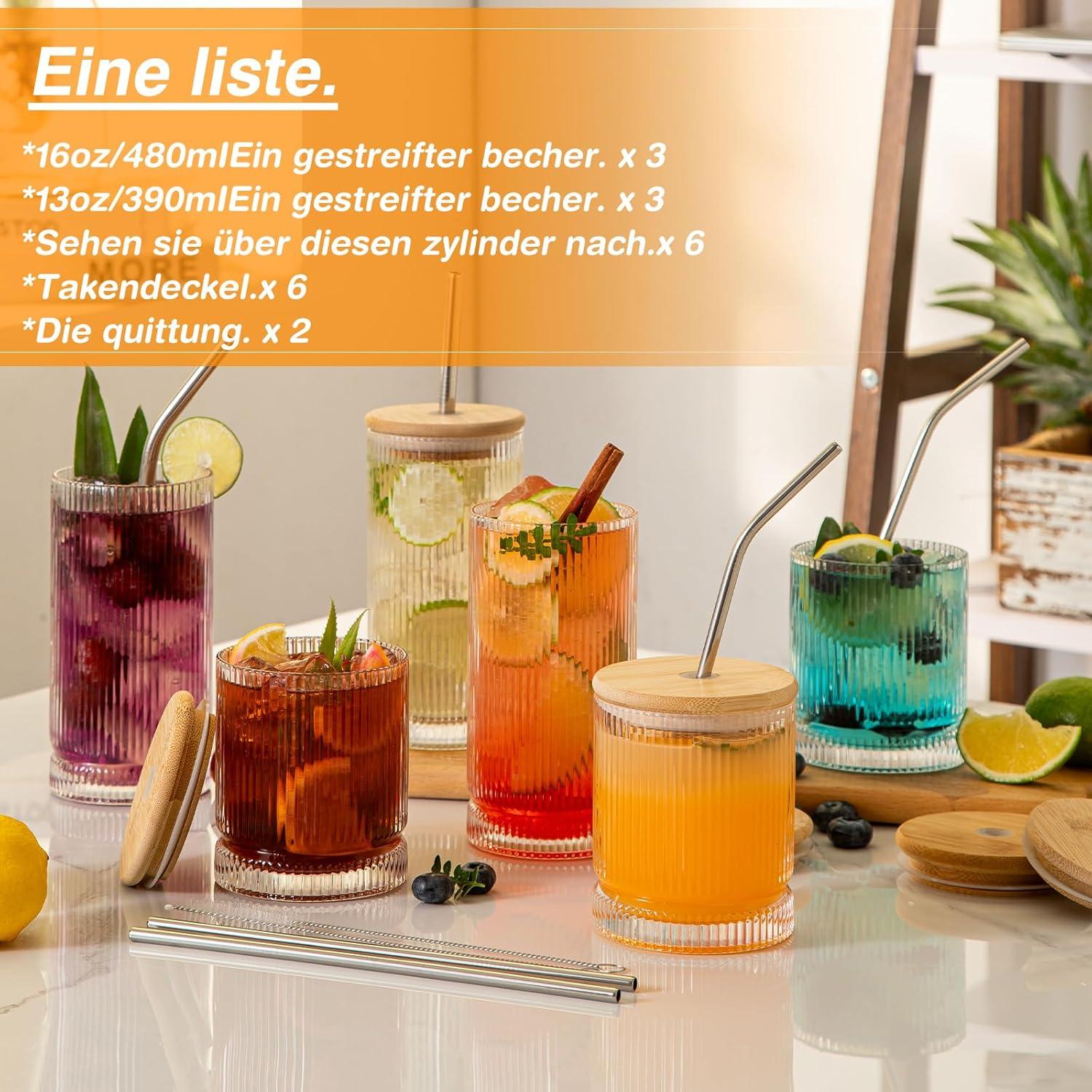Geriffelte Gläser Set für 6 Trinkbecher mit Deckel und