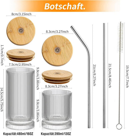 Geriffelte Gläser Set 6-teilig mit Deckel und Strohhalm