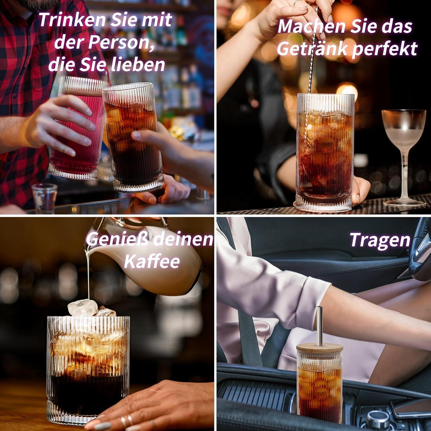 POLIDREAM Geriffelte Gläser Set für 6 Personen mit Deckel und Strohhalm, 480ml Cocktailgläser & 390ml Whisky Gläser