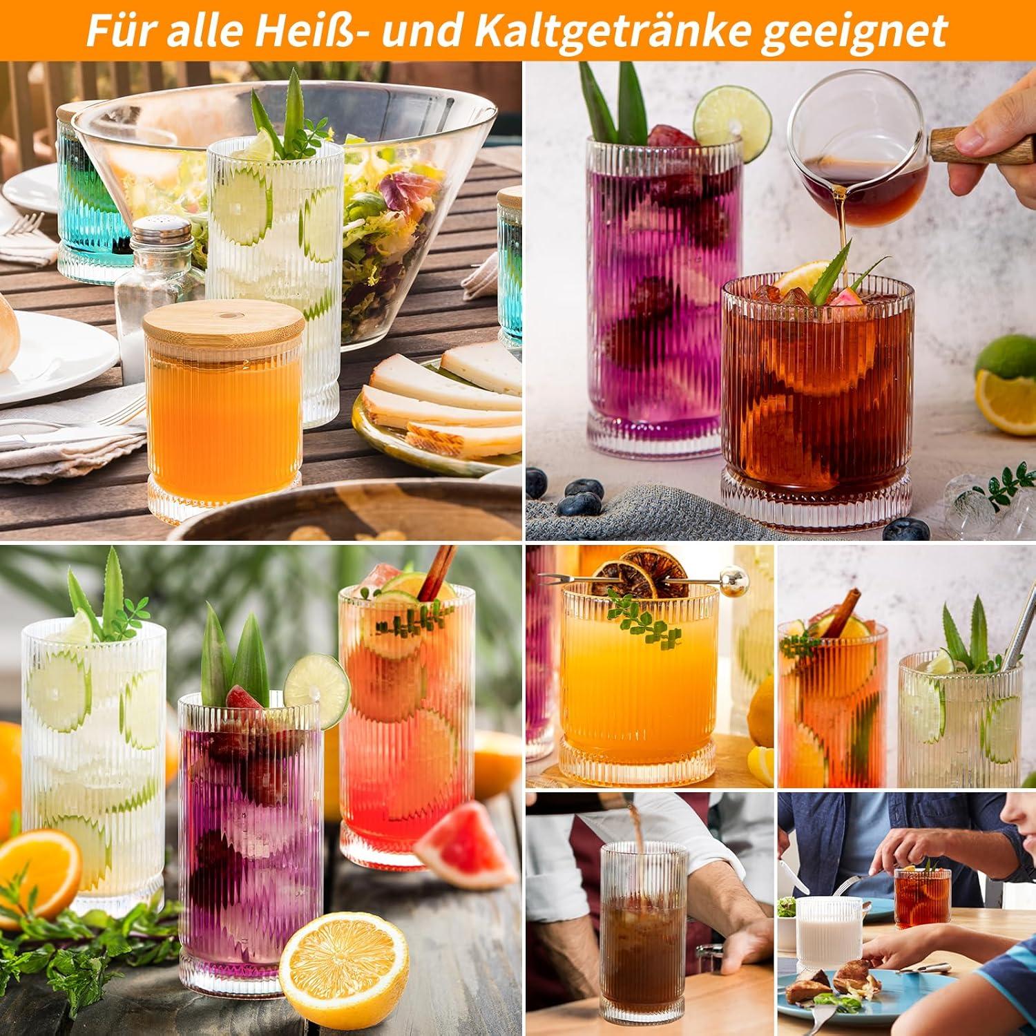 Geriffelte Gläser Set 6 Trinkbecher Deckel Strohhalm Eiskaffee Cocktail Whisky