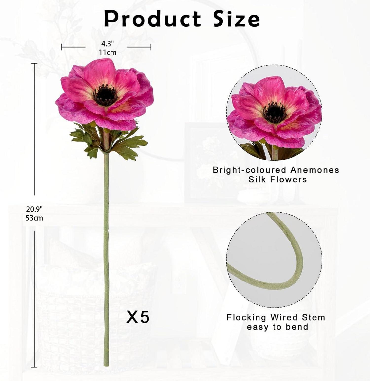 Künstliche Anemonen Rosa Kunstblumen 5er Set 53 cm