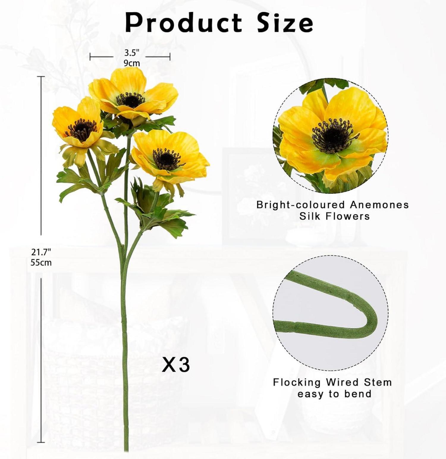 Künstliche Anemonen Gelb 3er Set 55 cm Dekoblumen