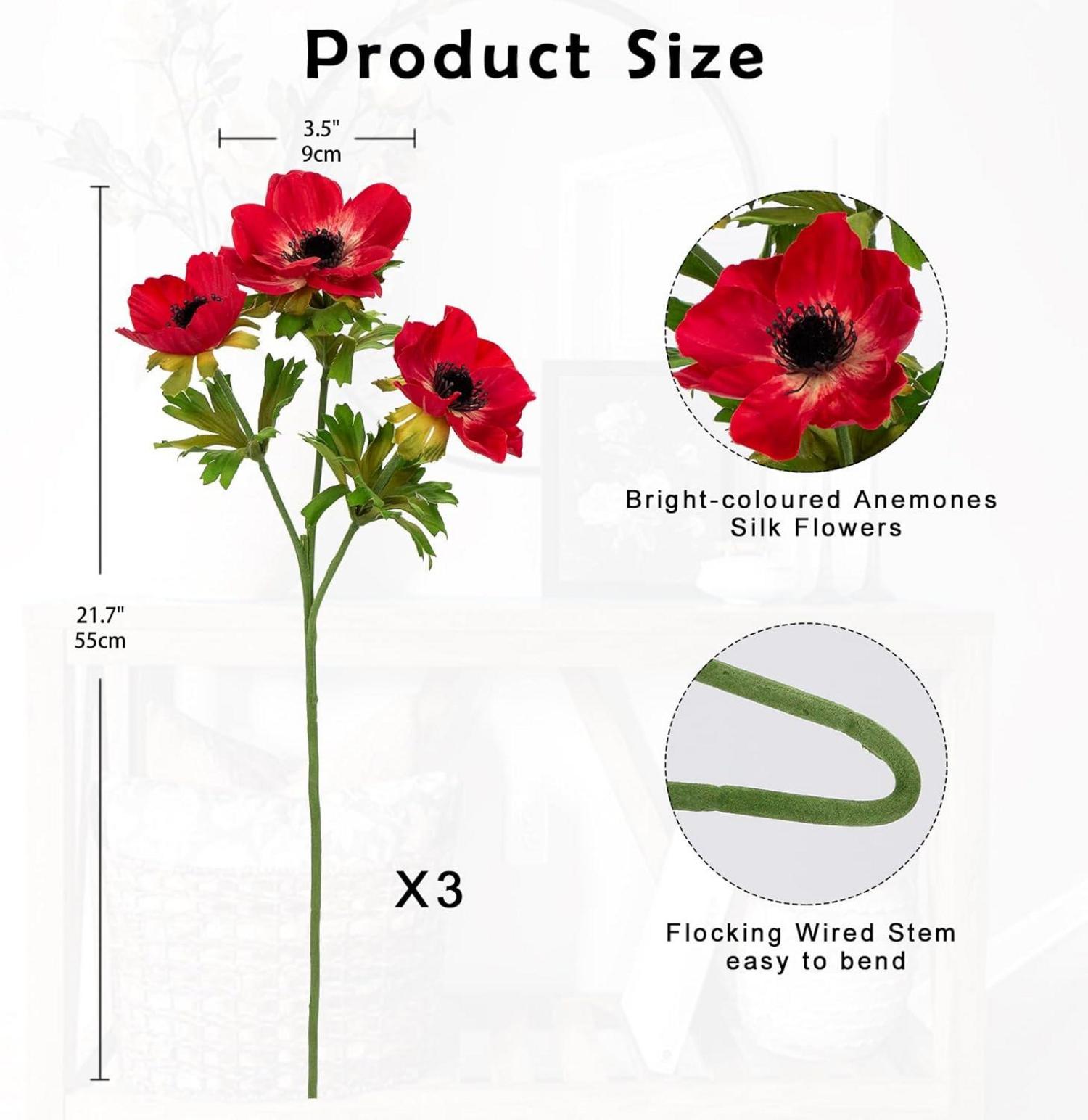 Künstliche Anemonen Rote Frühlingsblumen 3er Set 55 cm