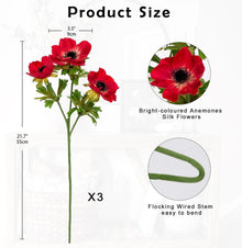Künstliche Anemonen Rote Frühlingsblumen 3er Set 55 cm