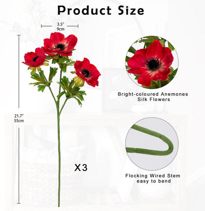 Künstliche Anemonen Rote Frühlingsblumen 3er Set 55 cm