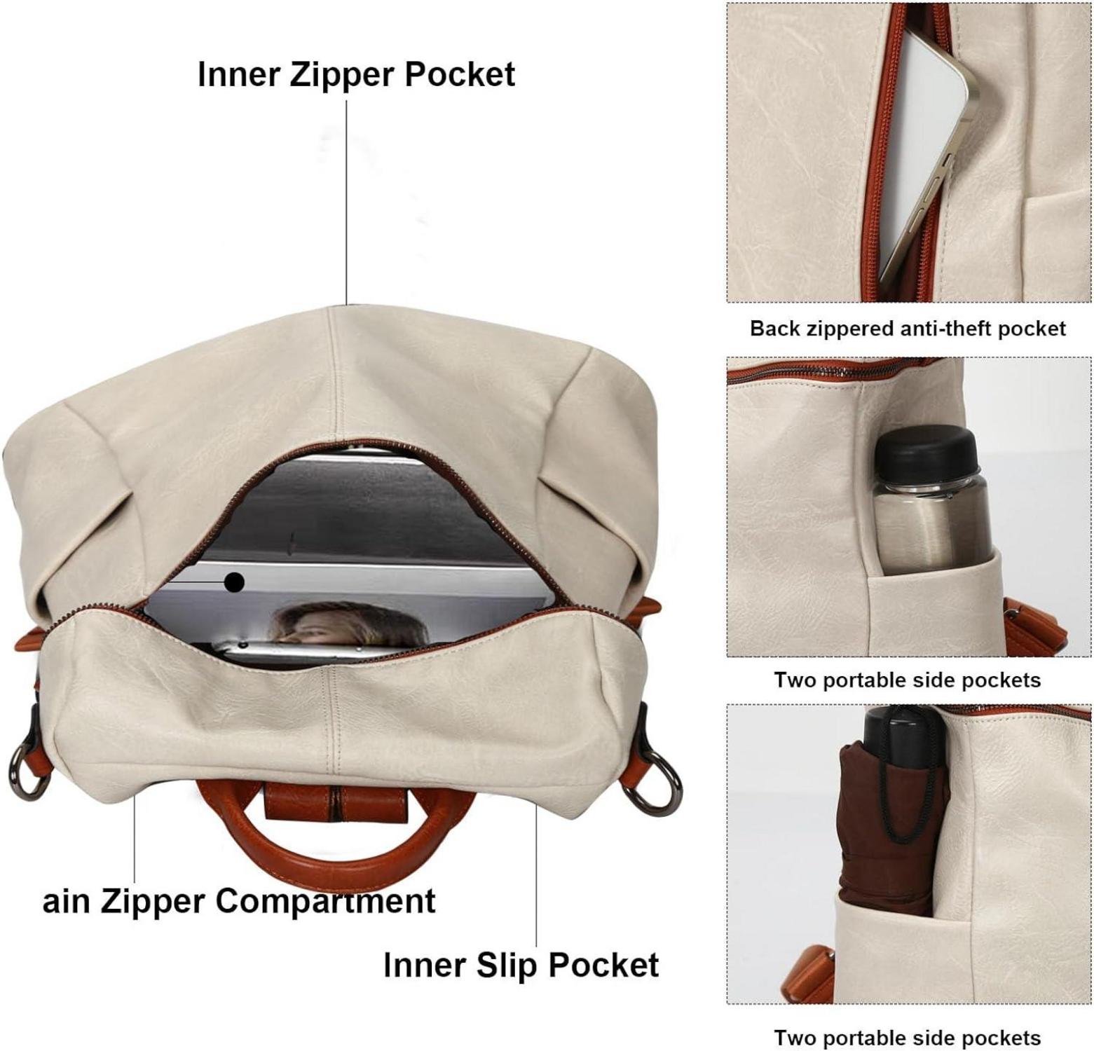 Damen Rucksack aus veganem Leder wasserdicht Beige 31x14.5x36 cm