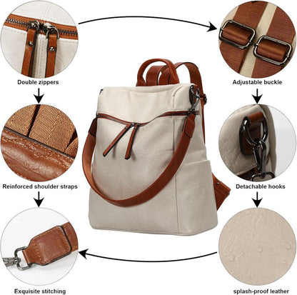 Damen Rucksack Vaganem Leder Beige Groß Wasserdicht Stylisch Elegant