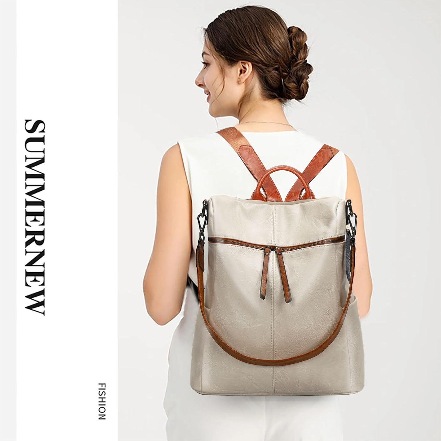 Leathario Damen Rucksack Vaganem Leder Groß Wasserdicht Beige