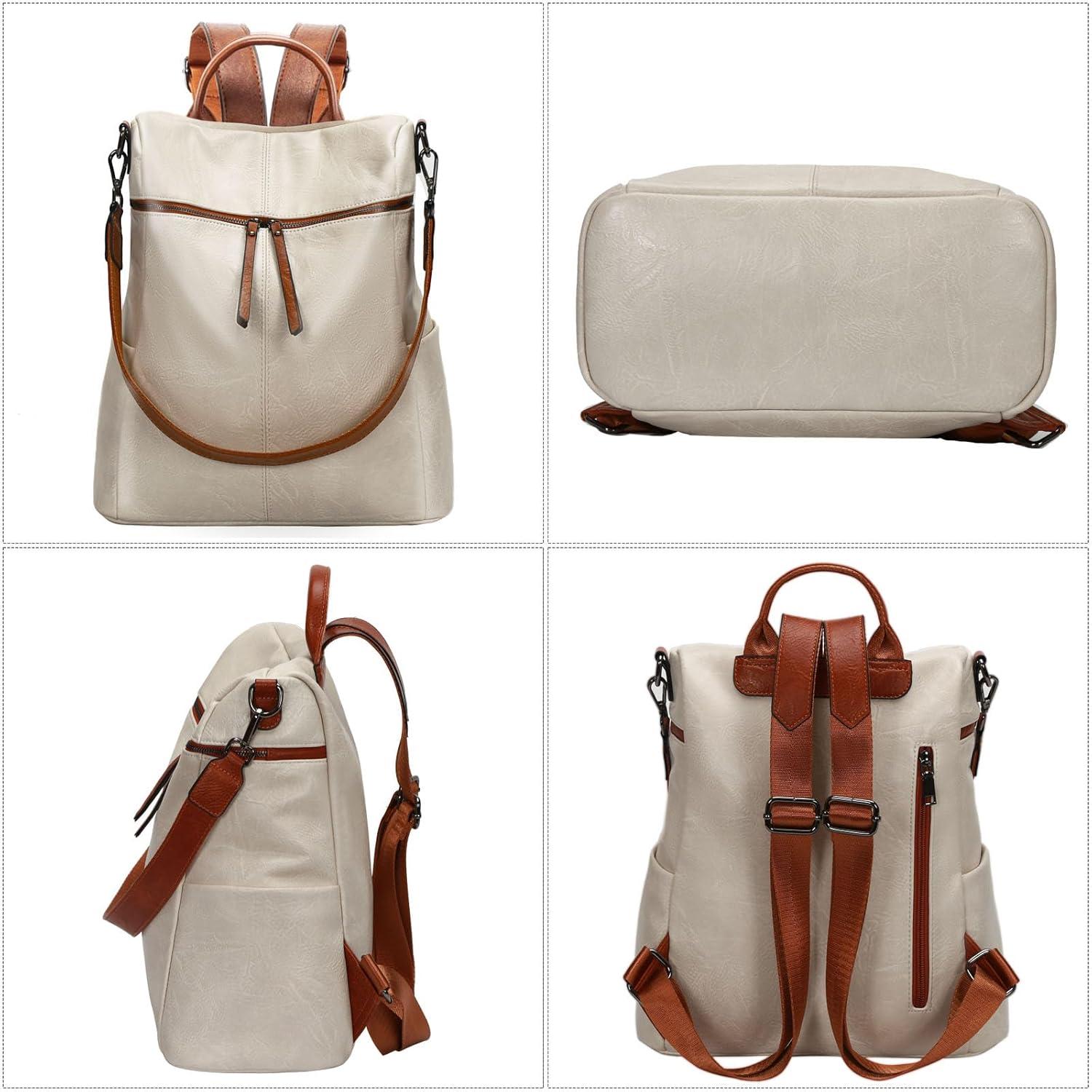 Damen Rucksack Vaganem Leder Groß Wasserdicht Cityrucksack Beige