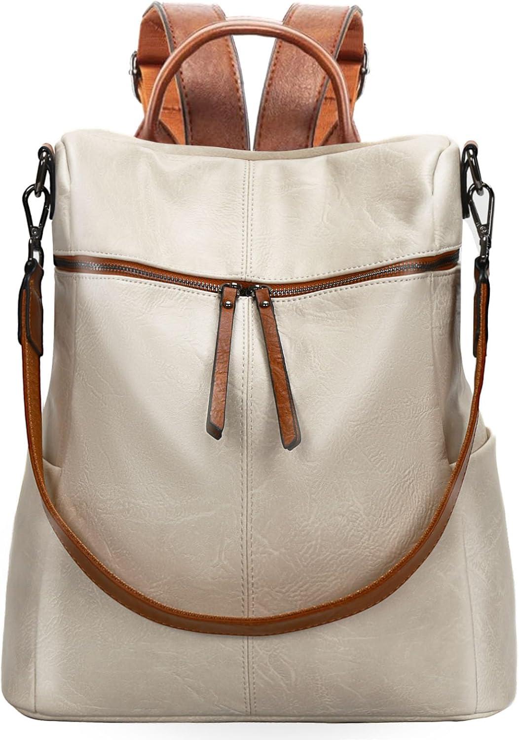 Damen Rucksack Vaganem Leder Beige Groß Wasserdicht Stylisch Elegant