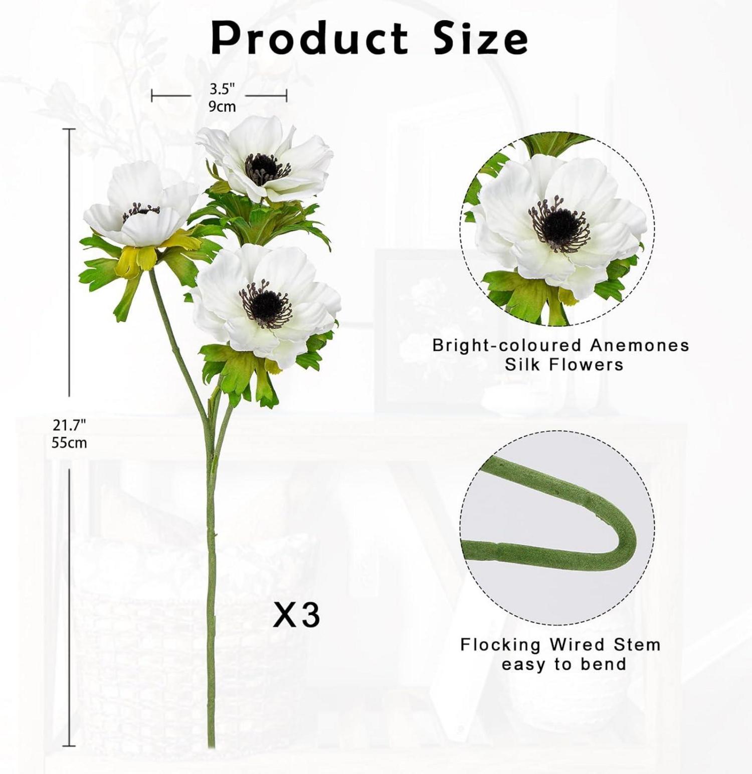Künstliche Anemonen Set 3 Weiße Frühlingsblumen 55cm