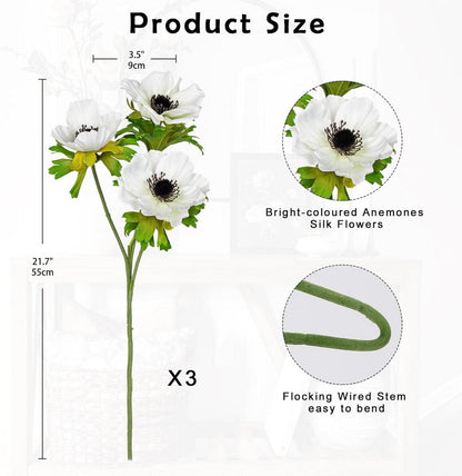 Künstliche Anemonen Set 3 Weiße Frühlingsblumen 55cm