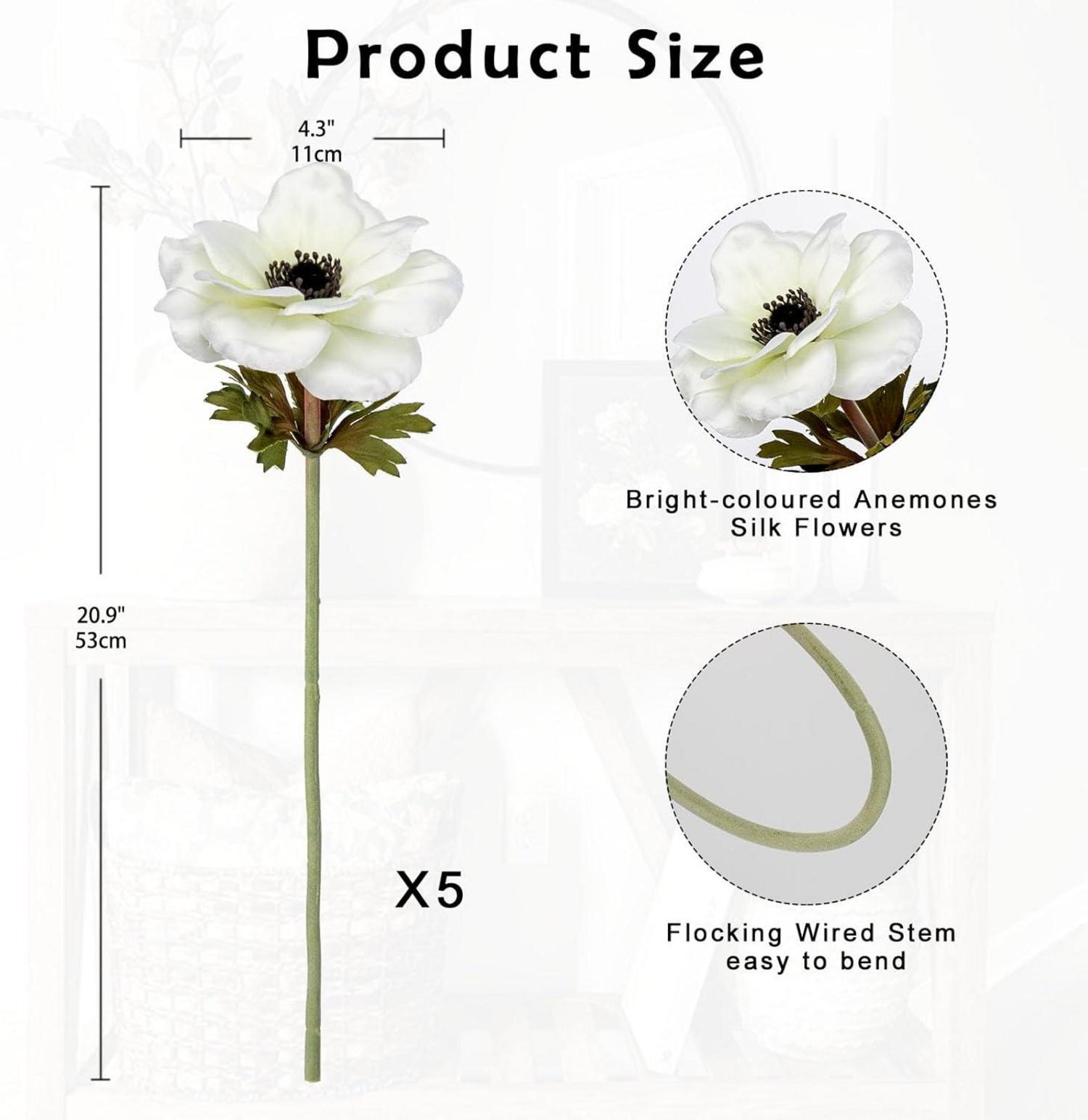 5er Set Künstliche Weiße Anemonen Kunstblumen 53