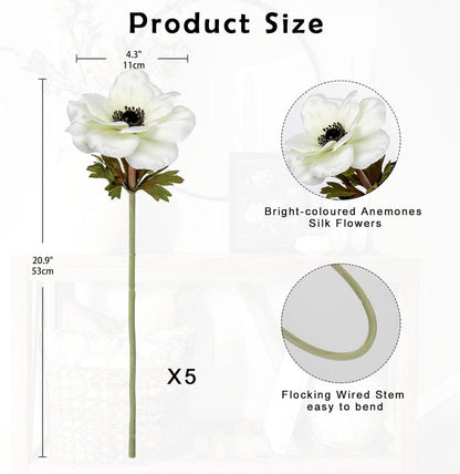5er Set Künstliche Weiße Anemonen Kunstblumen 53