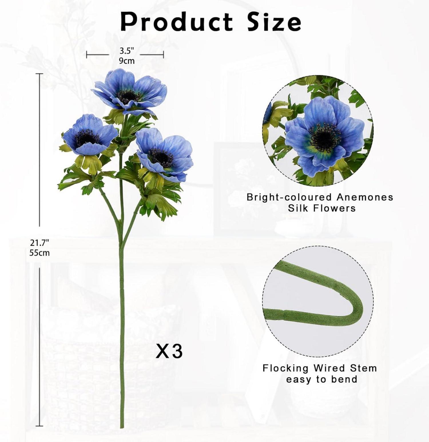 Künstliche Anemonen Blaue Kunstblumen 3er Set, Länge 55 cm