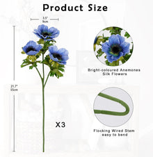 Künstliche Anemonen Blaue Kunstblumen 3er Set, Länge 55 cm