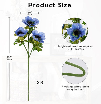 Künstliche Anemonen Blaue Kunstblumen 3er Set, Länge 55 cm