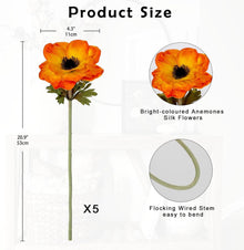 Künstliche Anemonen Orange 5er Set 53 cm - Dekoblumen
