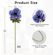 Künstliche Anemonen Blaue Kunstblumen 5er Set 53 cm