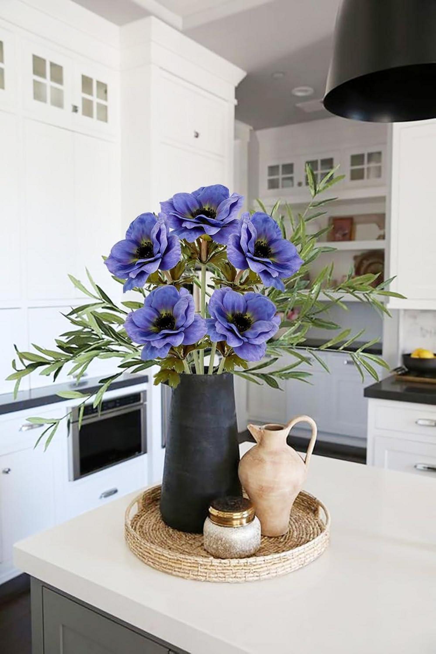 Künstliche Anemonen Blumen 5er Set Kunstblumen Deko 53 cm Blau