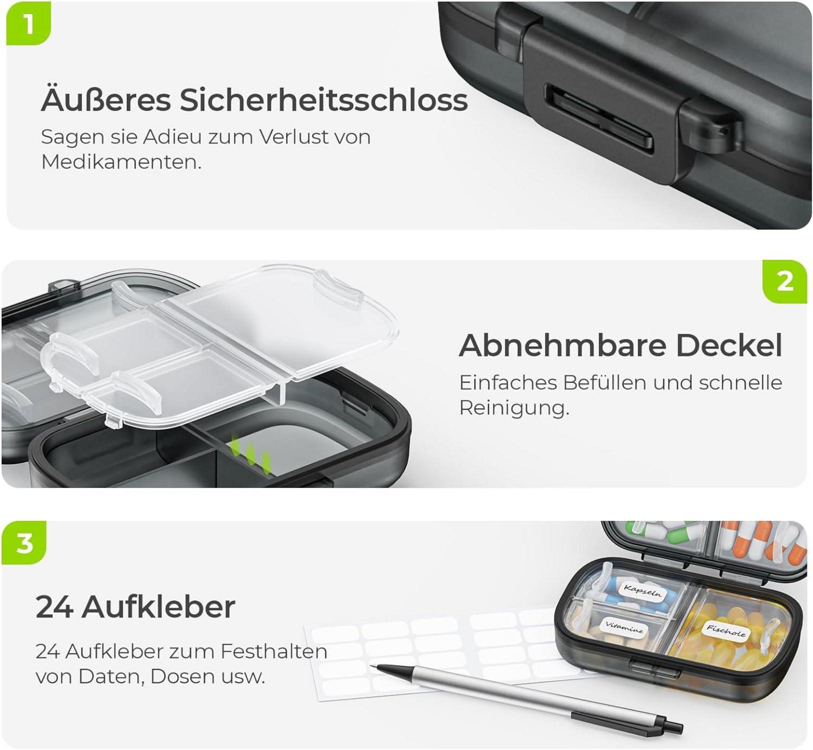 Tablettenbox 7 Tage Tragbare Pillendose mit 7 Fächern Schwarz