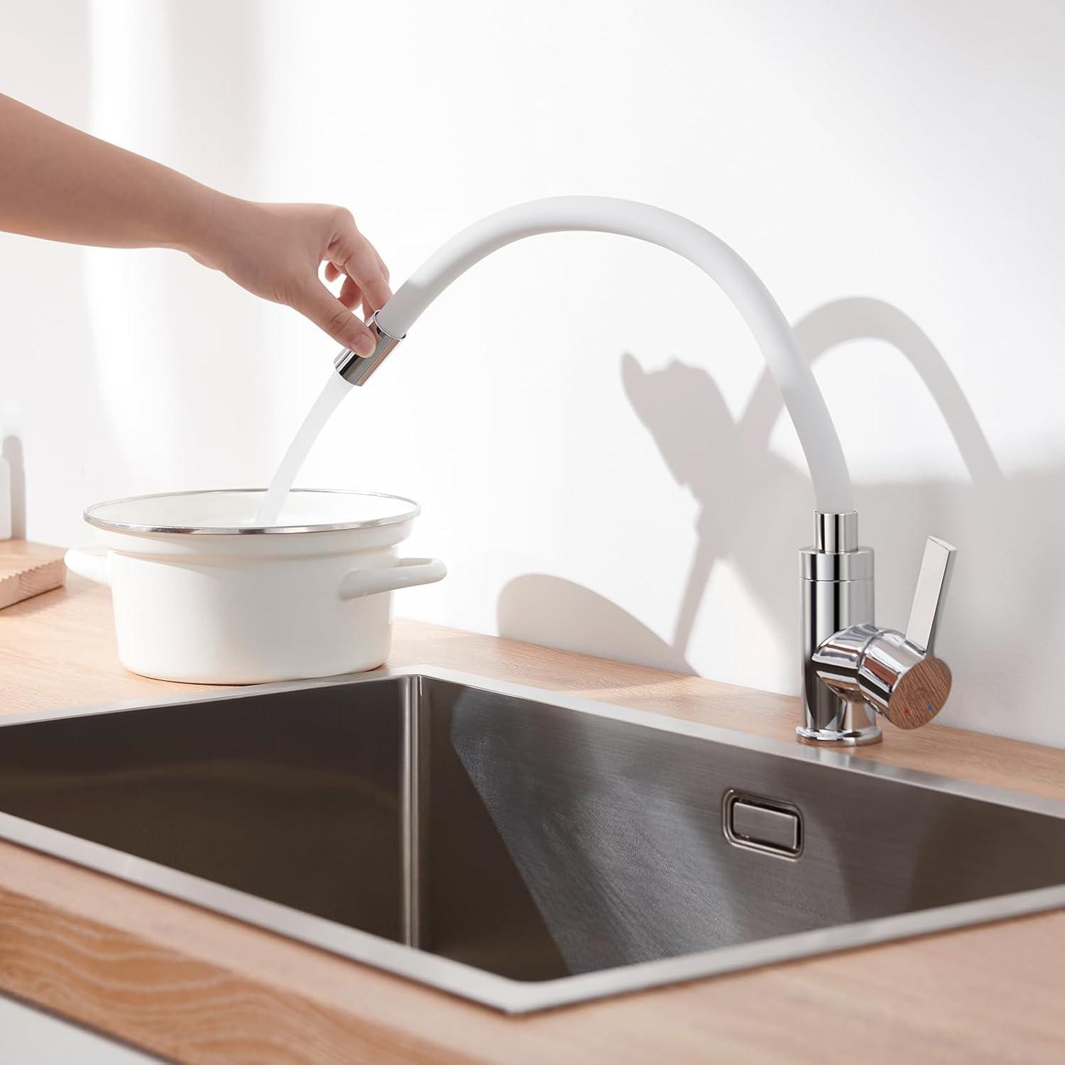 Auralum Flexibler Wasserhahn Küche Weiß Hochdruck 360° Drehbar