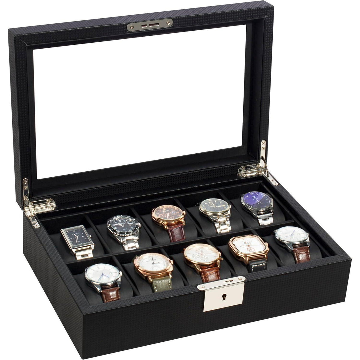 Uhrenbox für 10 Uhren mit Glasdeckel und Metallschloss