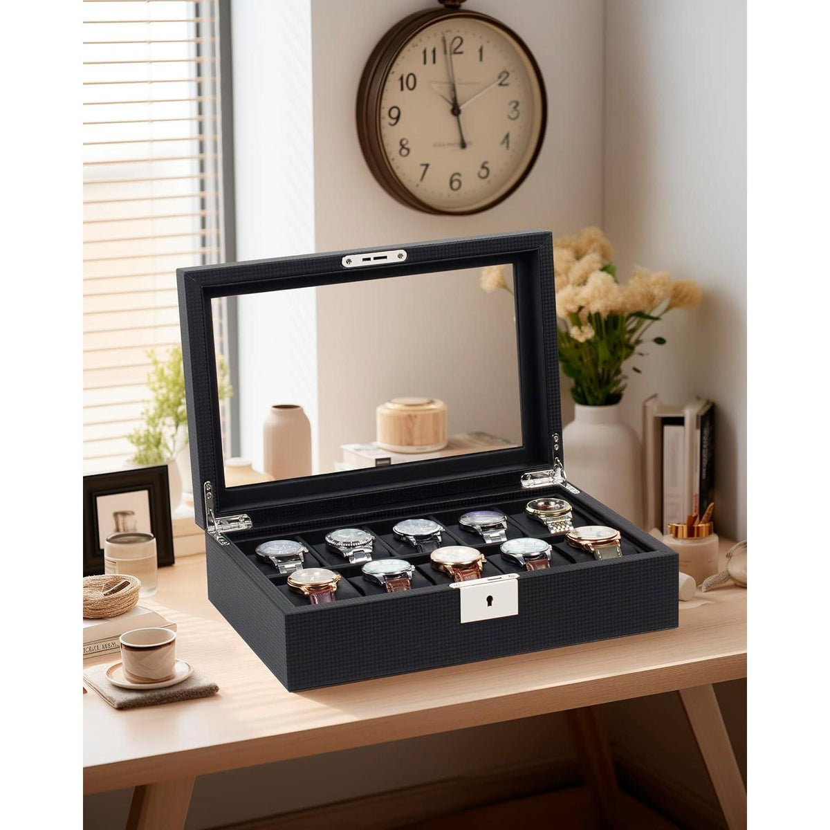 Uhrenbox für 10 Uhren mit Glasdeckel und Metallschloss