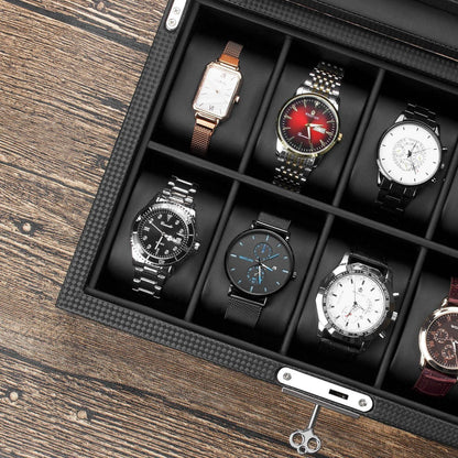 Uhrenbox für 10 Uhren mit Glasdeckel und Metallschloss