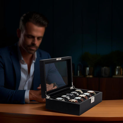 Uhrenbox für 10 Uhren mit Glasdeckel und Metallschloss