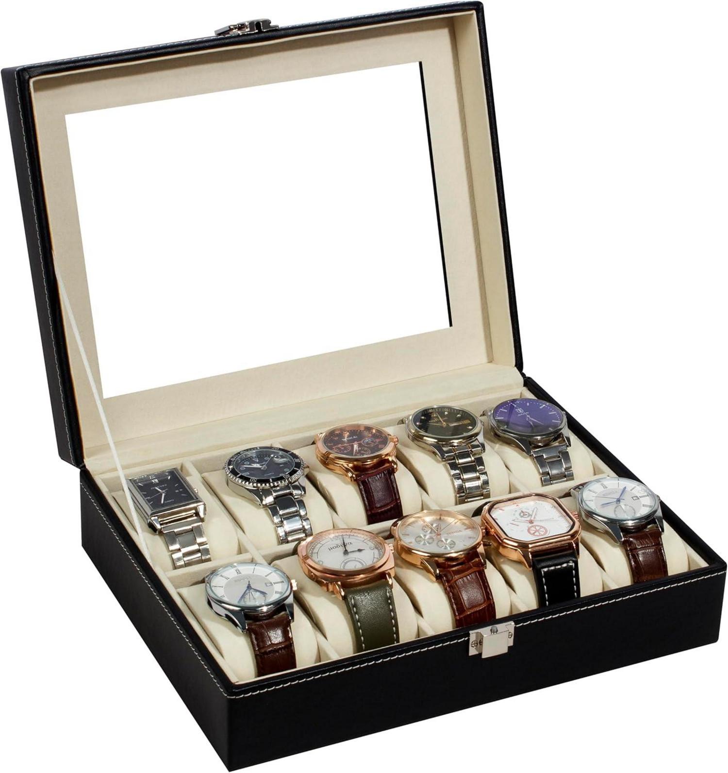 Uhrenbox mit 10 Fächern und Glasdeckel, Geschenkidee