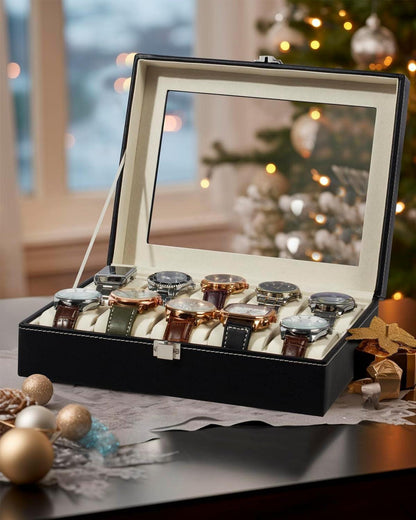 Uhrenbox mit 10 Fächern, Glasdeckel, Geschenkidee, Schwarz
