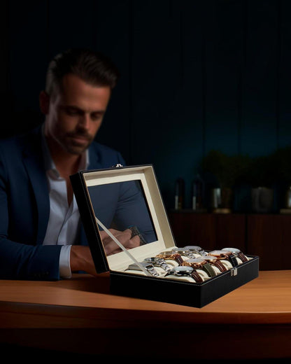 Uhrenbox mit 10 Fächern und Glasdeckel, Geschenkidee