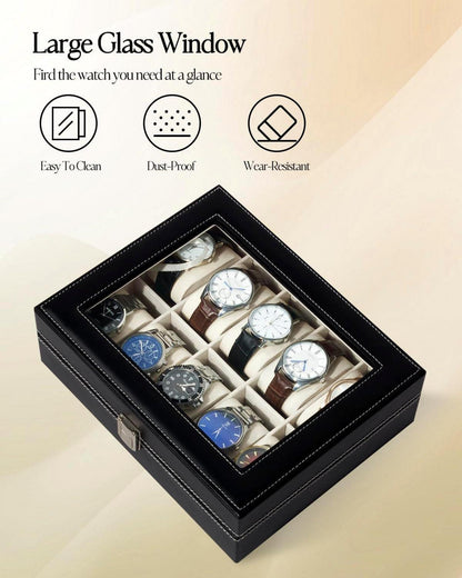 Uhrenbox 10 Fächer Glasdeckel Uhrenkissen Metallschließe Schwarz