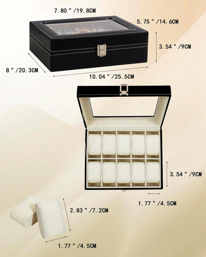 Uhrenbox mit 10 Fächern Glasdeckel Uhrenkissen Geschenk PU-Bezug