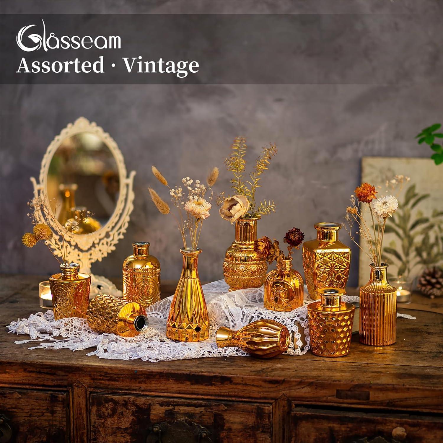Glasseam Goldene Blumenvase Set 10er - Vintage Glasvase Deko für Wohnzimmer & Tisch