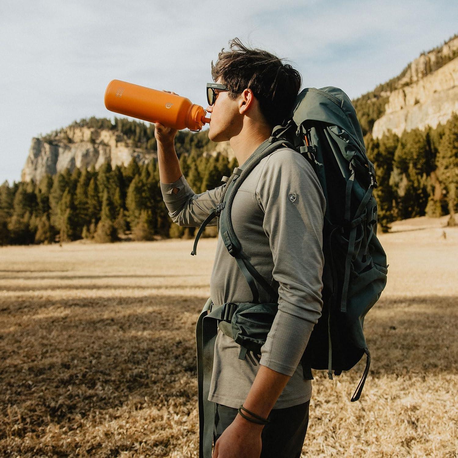 Isolierte Sport-Wasserflasche 1,2 l Edelstahl mit Strohhalm Orange