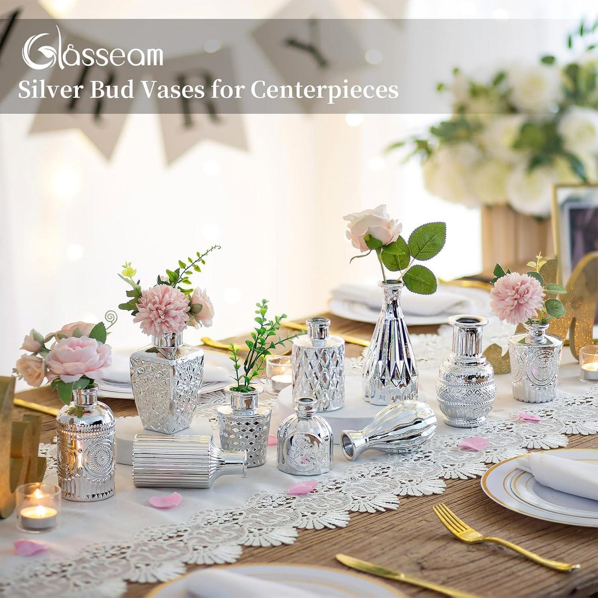 Glasseam Kleine Silberne Vasen Set für Hochzeit Tischdeko – Luxus-Kollektion