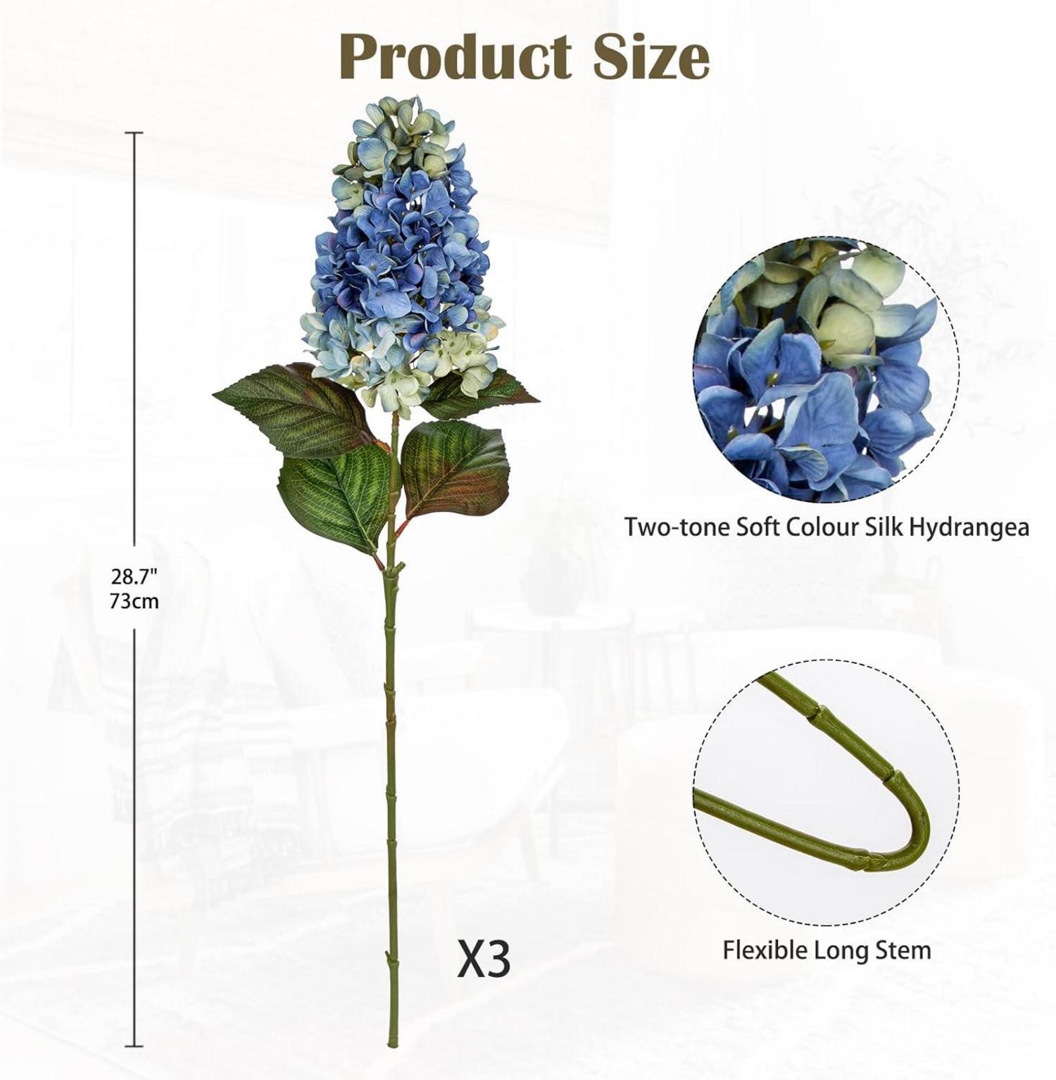 Künstliche Hortensien 3er Set 73CM Dunkelblau Dekoblumen für