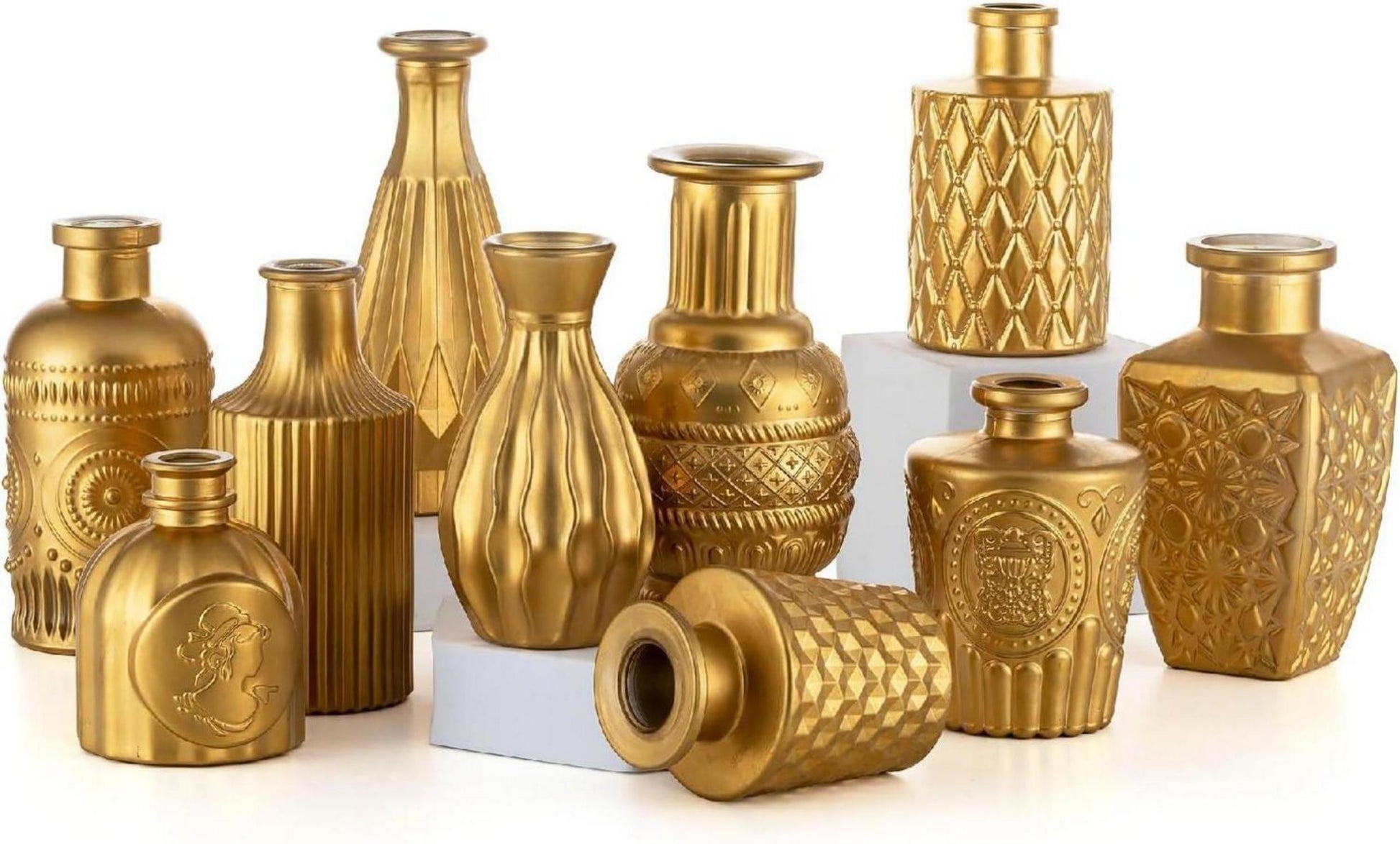 Goldene Mini Vasen Set 10er für Tischdeko Hochzeit Modern