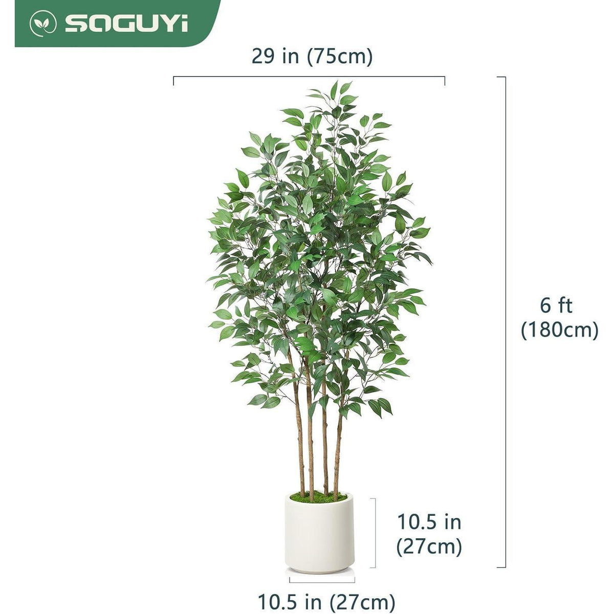 Künstlicher Ficusbaum 180cm mit weißem Topf und Kunstmoos