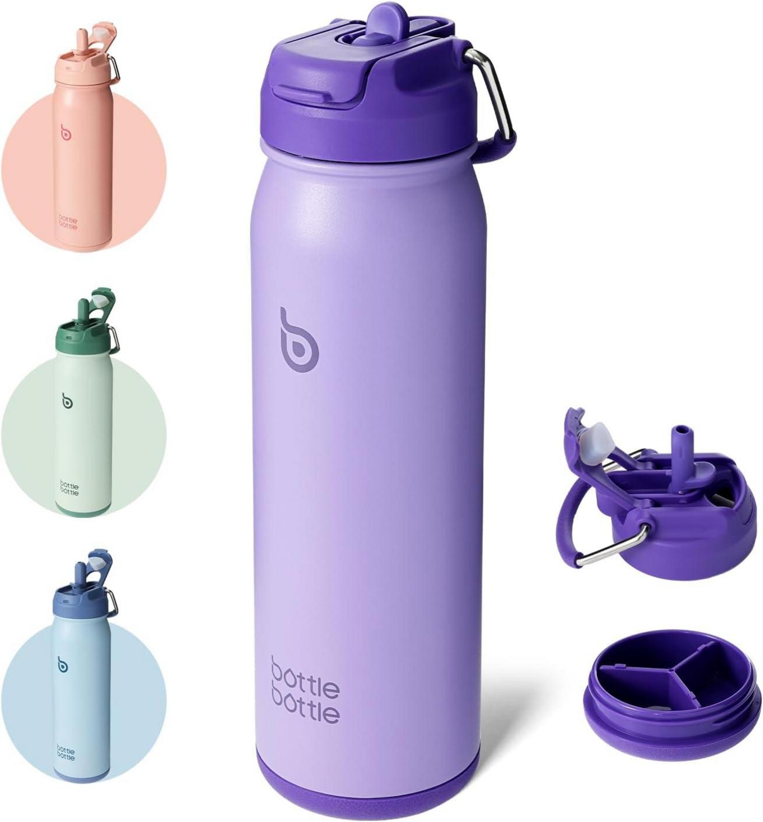 Edelstahl Trinkflasche 24oz mit Strohhalm Griff und Pillenfach