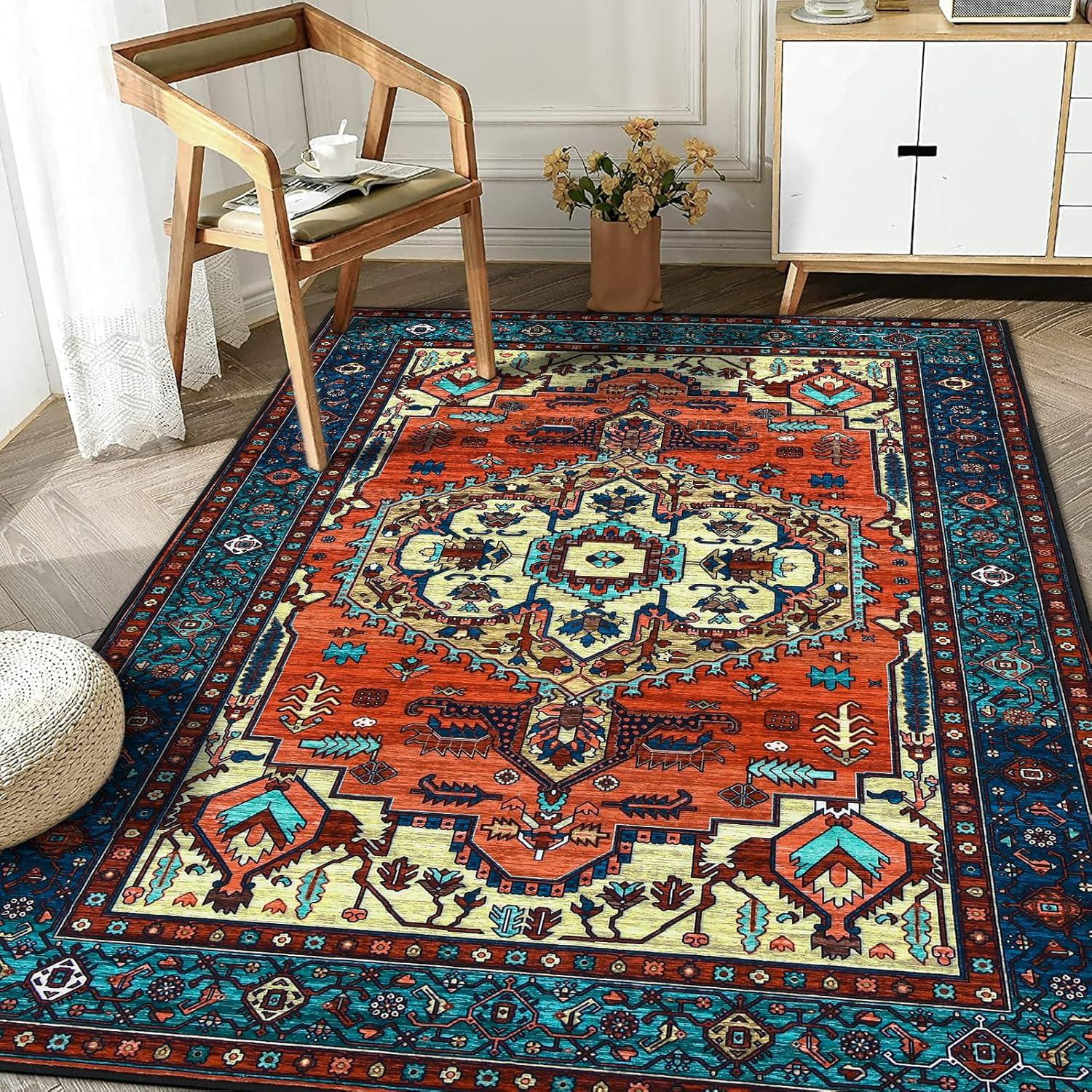 Boho Teppich Kurzflor Waschbar Weich Vintage Design Rutschfest Rot