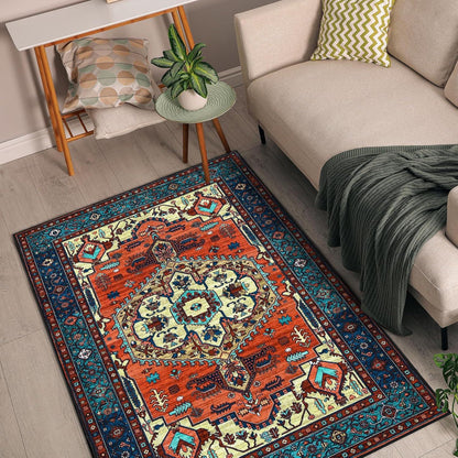 Boho Teppich Kurzflor Waschbar Weich Vintage Design Rutschfest Rot