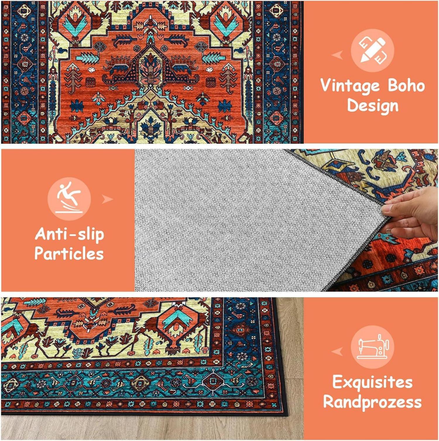 Boho Teppich Vintage Design Kurzflor Waschbar Rutschfest 120x170cm Rot