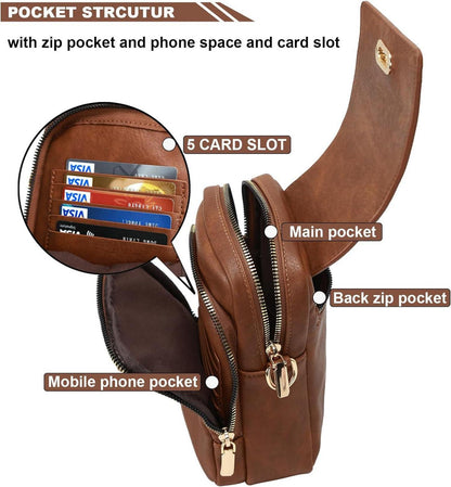 Leathario Handytasche mit Geldbörse aus Veganleder, Umhängetasche Damen Braun