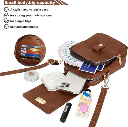 Leathario Damen Umhängetasche Handy Geldbörse Braun Vegan Leder