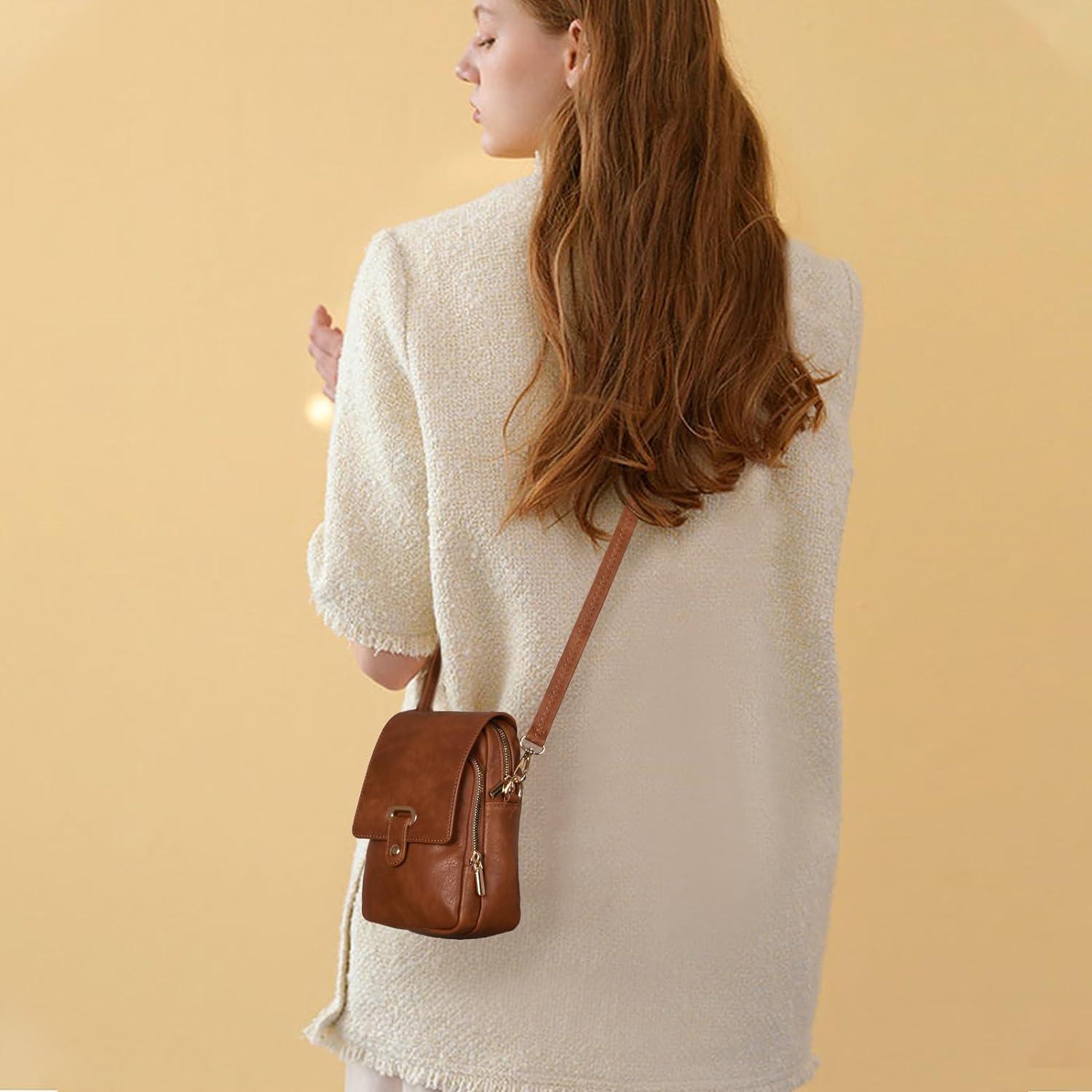 Leathario Damen Umhängetasche Handy Geldbörse Braun Vegan Leder