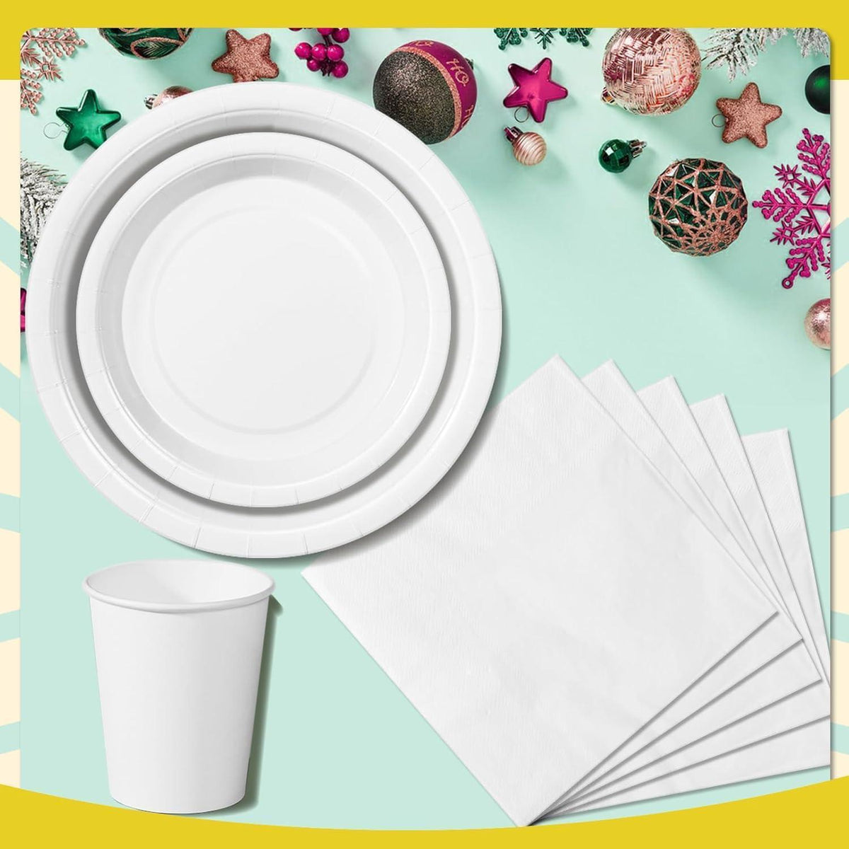 Partygeschirr Set 96-teilig – Pappteller, Becher & Servietten