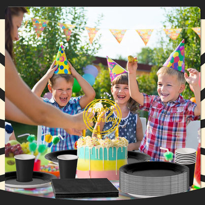 96-teiliges Schwarz Partygeschirr Set Pappteller Becher Servietten partymaterial